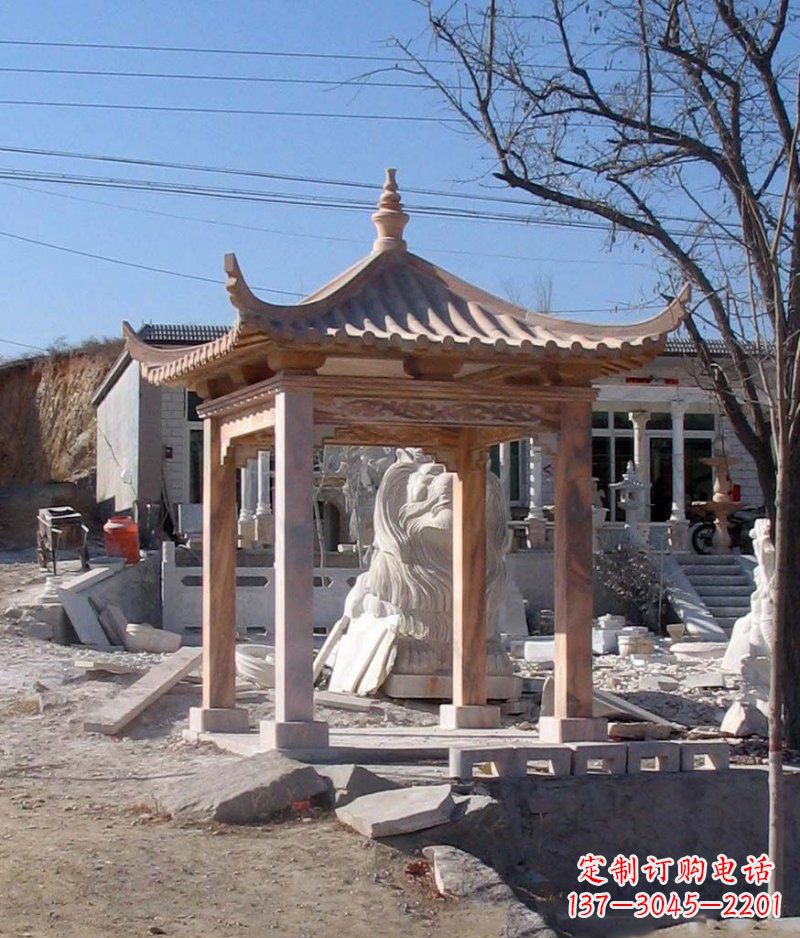 天津晚霞红四角凉亭景观石雕