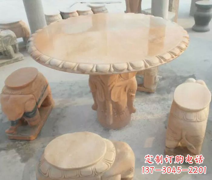 天津晚霞红小象桌凳别墅石雕 (2)