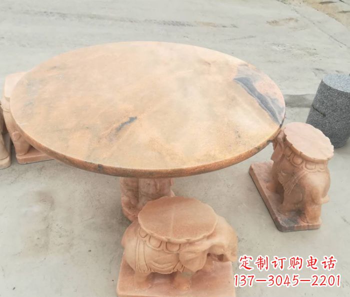 天津晚霞红小象桌凳别墅石雕 (4)