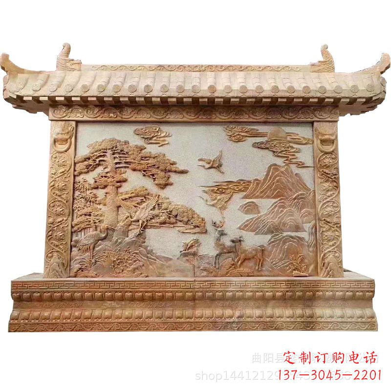 天津晚霞红迎客松石雕影壁