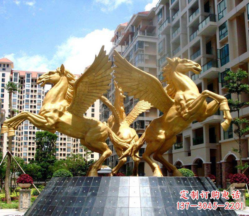 天津小区飞马三匹马景观铜雕