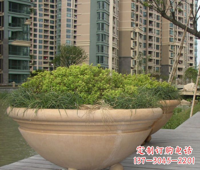 天津小区景观晚霞红花盆石雕