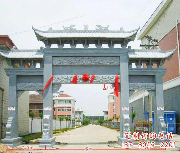 天津小区三门牌坊石雕