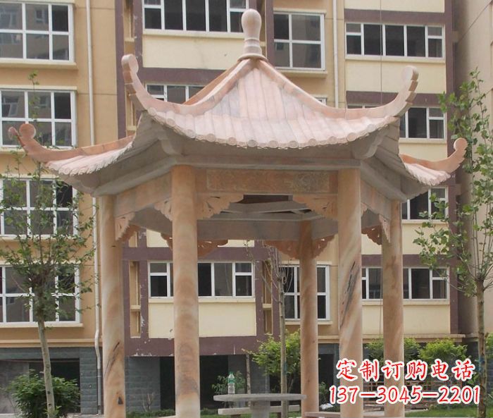 天津小区晚霞红六角凉亭石雕