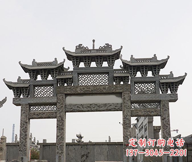 天津园林仿古三门牌坊石雕 (4)