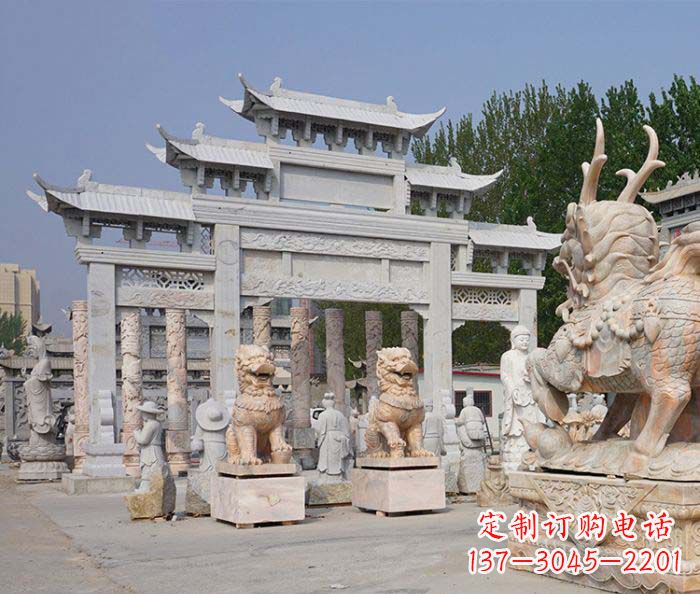 天津园林仿古三门牌坊石雕