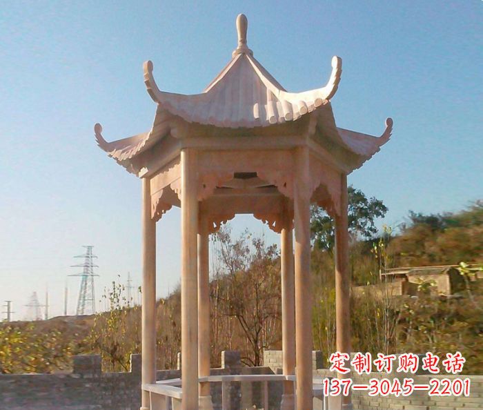 天津园林景观晚霞红单层石雕凉亭