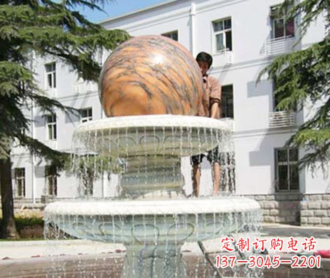 天津园林景观晚霞红风水球喷泉石雕 (2)