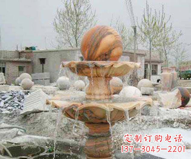 天津园林景观晚霞红风水球喷泉石雕
