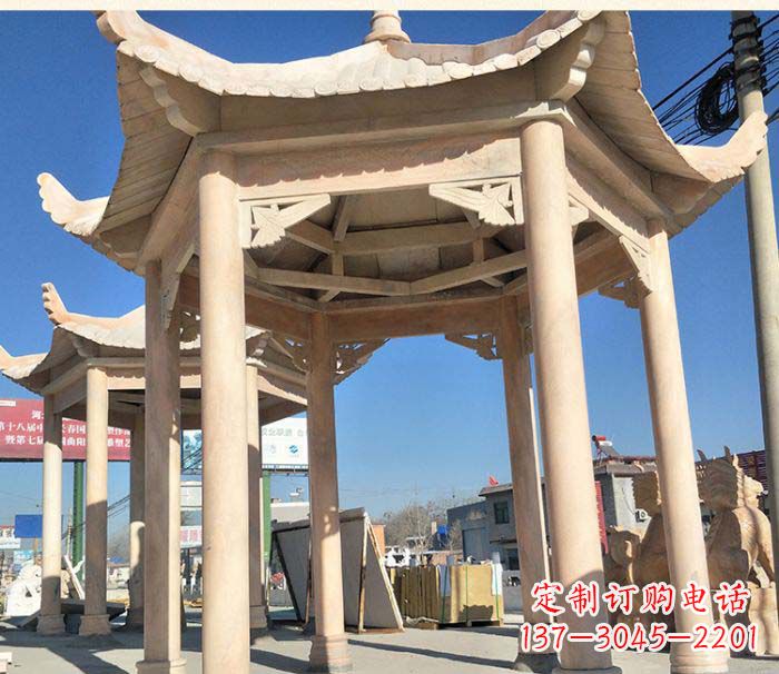 天津园林景观晚霞红六角石雕凉亭 (2)