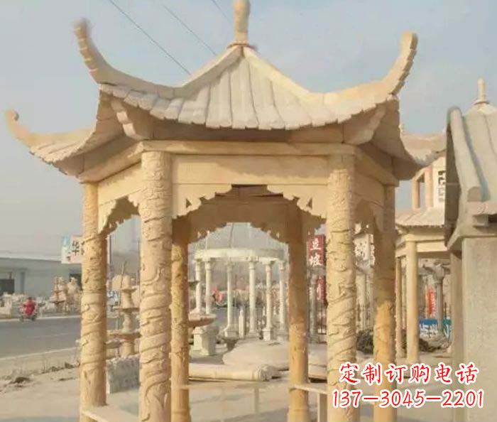天津园林景观晚霞红六角石雕凉亭 (3)
