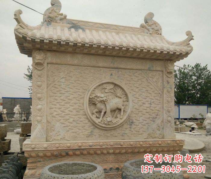 天津园林景观晚霞红石雕影壁