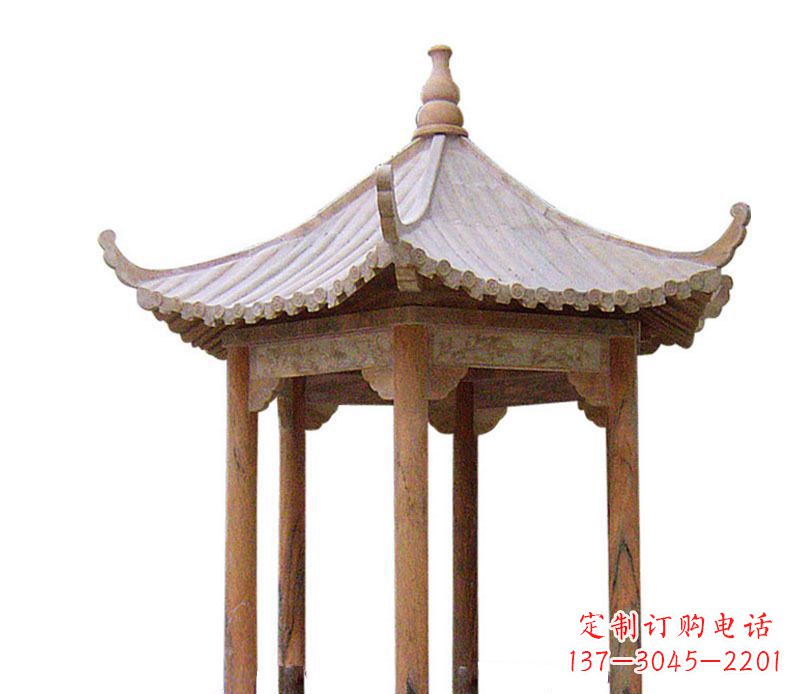 天津园林晚霞红六角石凉亭景观石雕 (2)