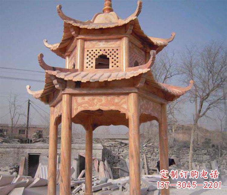 天津园林晚霞红石凉亭景观石雕