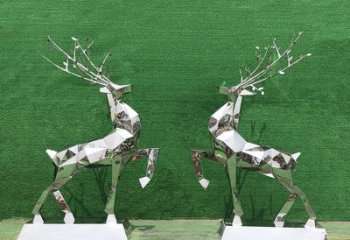 天津梅花鹿雕塑-公园两只不锈钢镜面梅花鹿雕塑