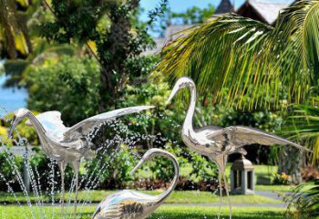 天津鹤雕塑-公园池塘不锈钢镜面抽象喷泉中的鹤雕塑